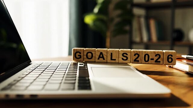Goals for 2020-2026 on a modern workspace, Professional workspace, wooden GOALS 2026 blocks near laptop keyboard