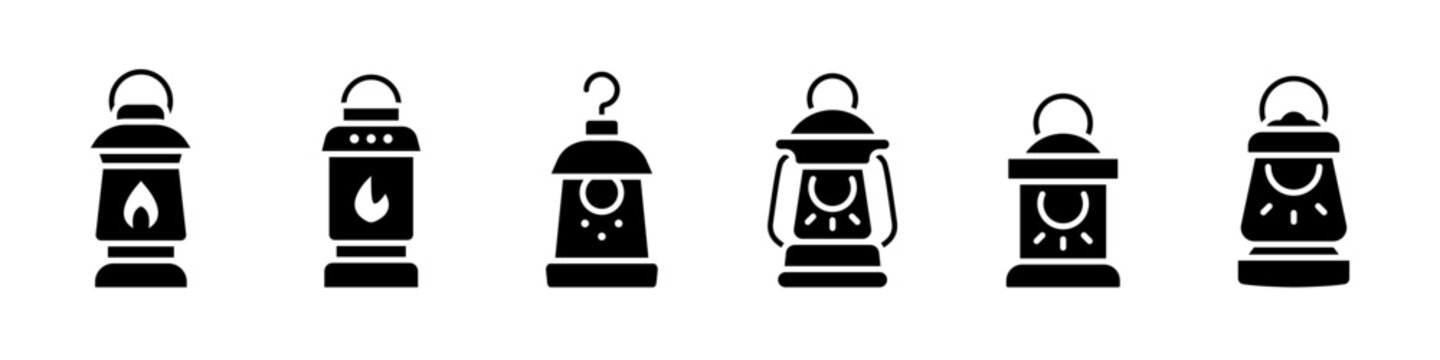 Lantern solid icon set. Vintage oil lamp with flame black symbol collection.
