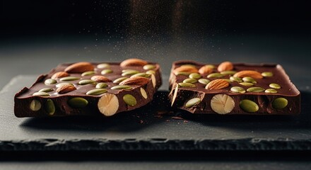 Two Squares of Dark Chocolate Bark with Nuts and Seeds.