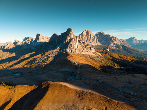 Passo Giau with Ra gusela peak and mountain hut in the morning at Dolomites, Italy