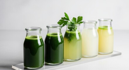 Assortment of Freshly Made Juices in Glass Bottles for Healthy Consumption.