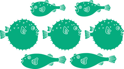Set of green cartoon fish and pufferfish illustrations