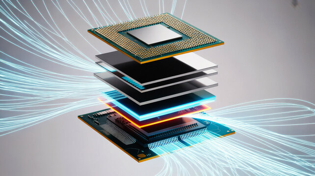 Exploded view of a hightech computer processor chip showcasing its intricate layers and components