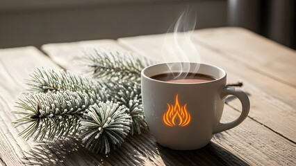 A steaming white mug with a flame icon sits on a rustic wooden table next to a frosted pine branch, evoking a cozy winter atmosphere.
