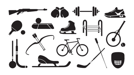 Collection of sporting equipment and icons in minimalist line art style