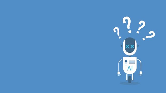 Frustrated robot cyborg with question mark help support service faq problem artificial intelligence technology concept	