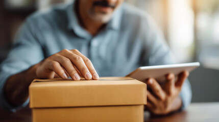 Faceless small business aspiring entrepreneur working in home office using tablet, online marketing packaging box delivery, SME e-commerce telemarketing concept, defocused person,