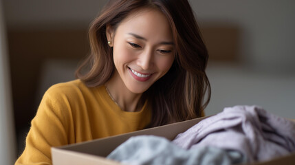 Faceless smiling Asian woman packing clothes into box at home, female home-based ecommerce, residential order fulfillment, domestic shipping preparation, defocused person, with cop