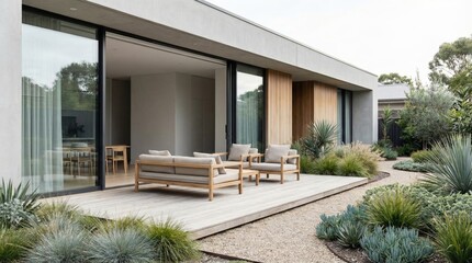 Contemporary backyard oasis with wooden patio, lounge furniture, drought tolerant succulents and gravel paths beside a modern home, ideal for relaxing outdoor living