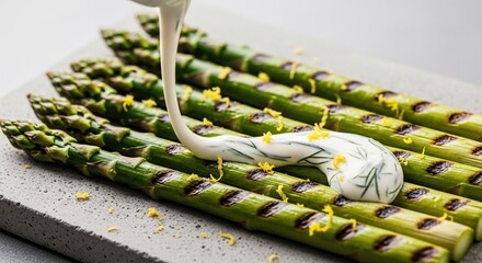 Grilled Asparagus with Creamy Sauce and Lemon Zest on a White Surface.