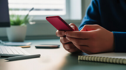 Person using smartphone at workspace with laptop notebook and pen focusing on digital communication and productivity