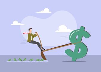 Conceptual Flat Vector Illustration of a Businessman Plowing for Wealth and Financial Success