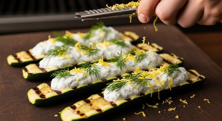 Grilled Zucchini Boats Topped with Creamy Herb Filling and Lemon Zest.