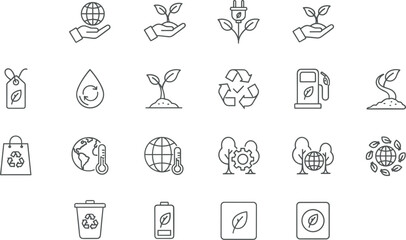 Ecology and environmental sustainability line icon set for green energy recycling global warming nature conservation and organic bio technology.