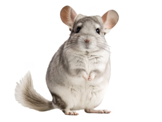 Adorable, fluffy, grey chinchilla with incredibly soft fur and large, expressive dark eyes is sitting upright in a curious pose, illuminated by soft, diffused, isolated on transparent background.