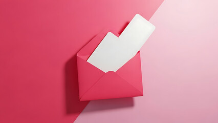 A red envelope with a white check mark on a pink background