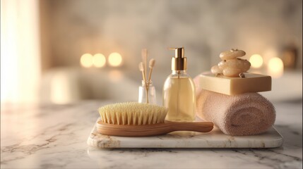 Minimal spa bathroom still life with natural soap brush towel and glass dispenser