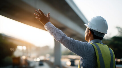 Faceless civil engineer inspecting bridge infrastructure in hard hat construction industry stock photo structural engineering marketing safety compliance visual infrastructure