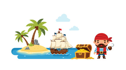 Obraz premium A whimsical pirate scene on a tropical island with a ship, treasure chest, and a pirate, evoking a sense of adventure and fantasy.