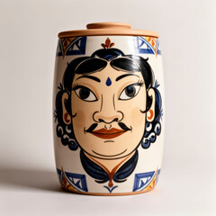 Decorative Wooden Jar with Stylized Male Portrait in Ethnic Folk Sty