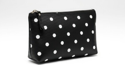Black polka dot cosmetic bag with zipper and compact shape isolated