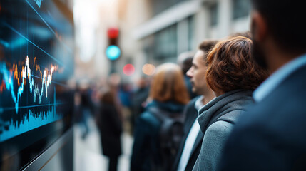 Blurred urban crowd watching digital stock market display financial trading stock photo investment banking marketing real time market data foreign exchange trading visual