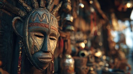 Obraz premium Traditional Tribal Mask Art Display with Cultural Artifacts in Warm Lighting