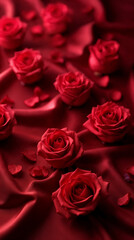 Obraz premium Luxury Valentine’s Day Background with Red Roses on Satin
