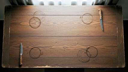 Rustic Cozy Vintage Kitchen Scene With Two Knives and Stamped Logos on Old Wooden Table.jpg