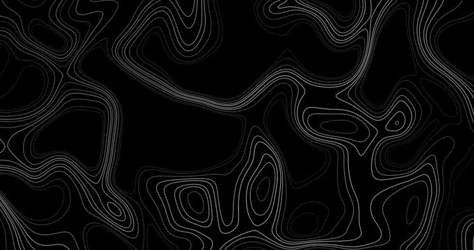 Abstract technological animated topographic map with contours. Moving waves on a black background. 4K animation in a loop.