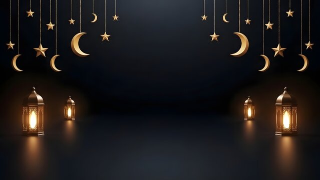 Elegant Ramadan Kareem background with golden crescent moons and lit lanterns for Islamic celebration and greetings - Powered by Adobe