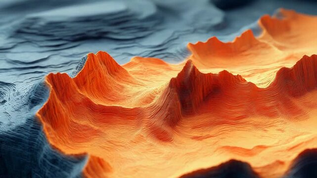 Abstract topographic landscape featuring striking valleys and peaks in warm orange hues transitioning into cool blue shades, illustrating a dynamic and organic textured relief map