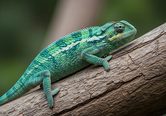 Obraz premium Bright green chameleon rests on a textured tree branch with blurred foliage.