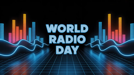 Vibrant abstract digital art celebrating world radio day with neon sound waves and colorful equalizer bars against a dark background with music