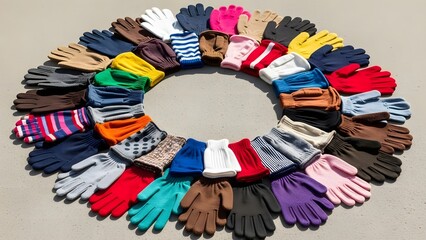 A large collection of colorful gloves of various styles and materials arranged in a circular pattern on a light background.