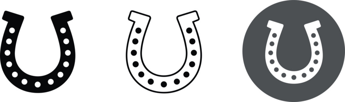 Horseshoe symbol set in solid outline and circle styles for good luck fortune equestrian sports and western branding,