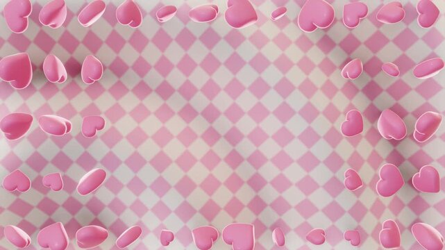 Horizontal 3D abstract Valentine love loop animation romantic hearts pink pastel frame border background copyspace checkered fabric pattern argyle floating cute sweet couple relationship tenderness