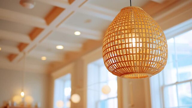 ラタンシェードのあたたかな光が揺れる室内風景