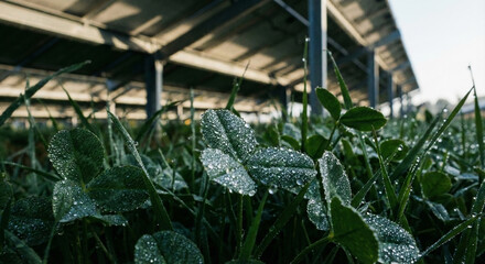 Macro detail of morning dew drops on clover leaves shaded by an agrivoltaic structure.