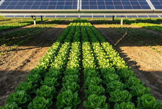 Rows of fresh green lettuce cultivated under a ground-mounted agrivoltaic system.