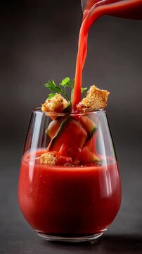 Gourmet red gazpacho soup pouring into glass. Fresh and healthy tomato juice creating vibrant, appetizing cold dish for refreshing summer meal starter