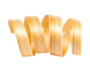 Curled spiral wood shaving ribbon from woodworking planing and carving cut out on isolated background