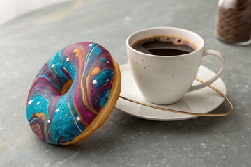 Colorful galaxy donut with blue, pink, and orange swirls next to a cup of black coffee on a saucer