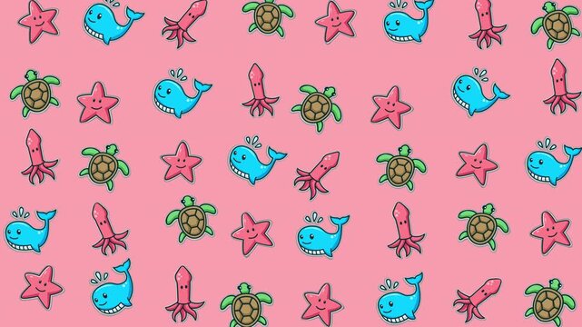 Turtles, whales, starfish, and squid on pink background. Perfect for marinethemed designs, childrens books, educational materials, and posters.