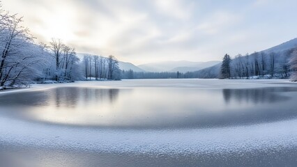 A serene winter landscape featuring a partially frozen lake reflecting the bright sky, surrounded by snow-covered trees and distant mountains.