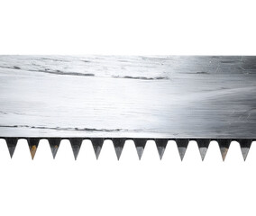Macro close up of serrated metal saw blade teeth edge with scratches cut out on isolated background
