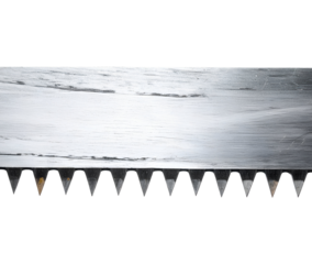 Macro close up of serrated metal saw blade teeth edge with scratches cut out on isolated background