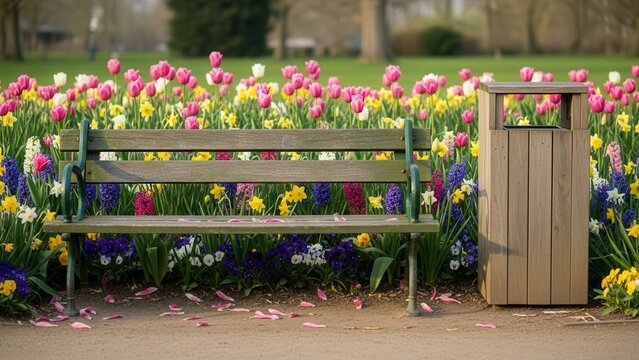 Empty park bench and wooden trash bin surrounded by blooming spring flowers