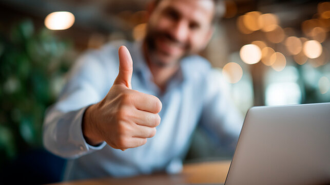 Faceless remote worker giving thumbs up on video call work from home stock photo remote work software marketing video conferencing platform telecommuting success online - Powered by Adobe