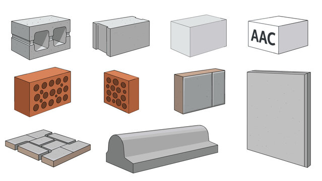 A collection of various building blocks and construction materials in a vector graphic illustration